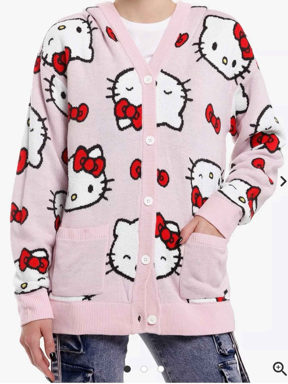 Hello Kitty Face Bow Hooded Cardigan Size L Pink Sanrio